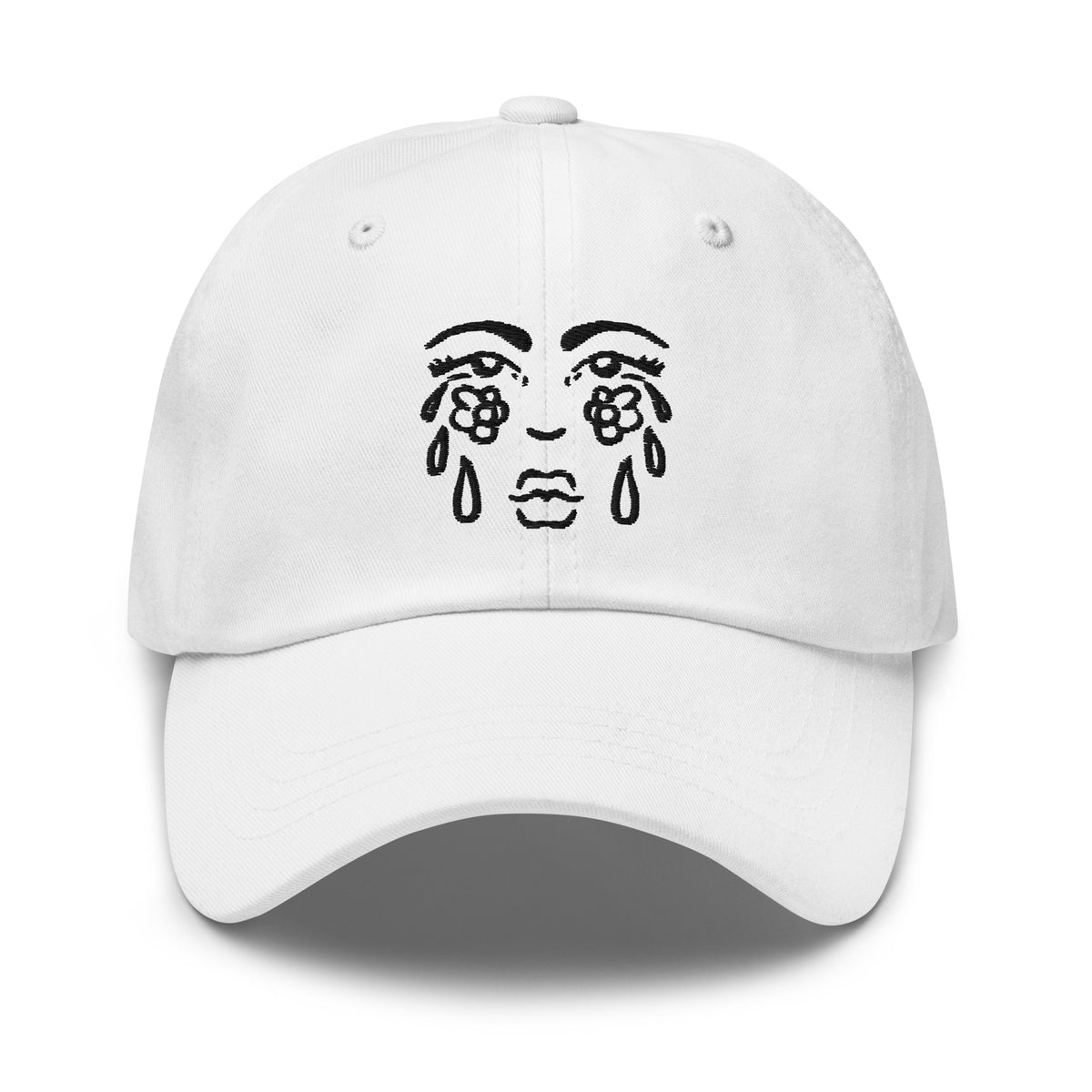 "Cry Face" embroidered dad hat by ArtistNatalie, detail view