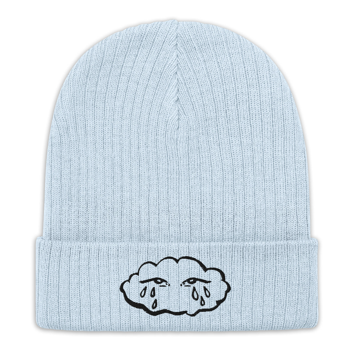 "70% Cloud" ribbed knit beanie by ArtistNatalie, side view