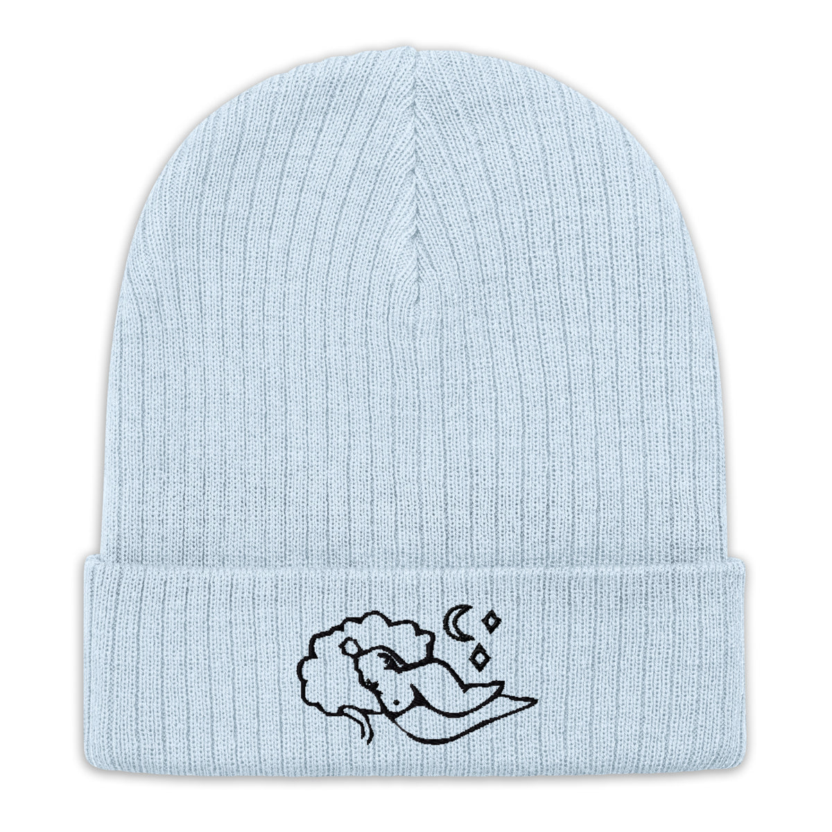 "Mirror in the Sky" ribbed knit beanie by ArtistNatalie, side view