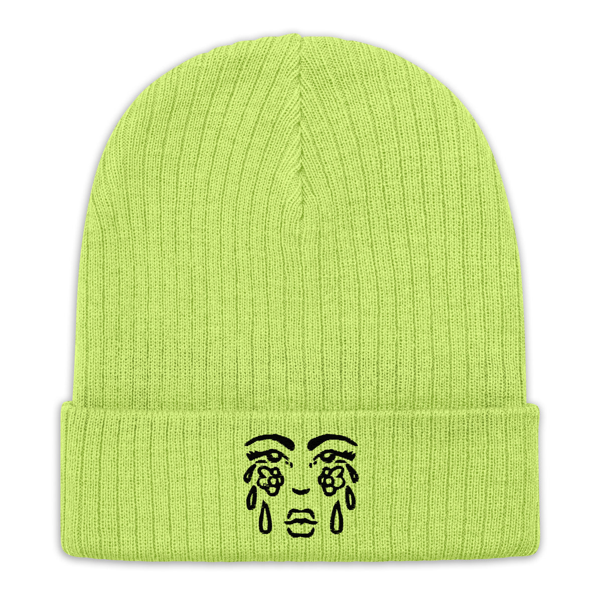 "Cry for Flowers" ribbed knit beanie by ArtistNatalie, lime