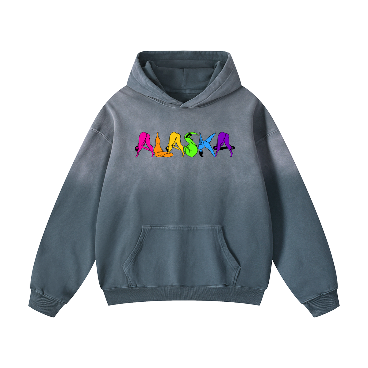 "Rainbow Alaska" heavyweight sunfade hoodie by ArtistNatalie, Gray Blue, front view
