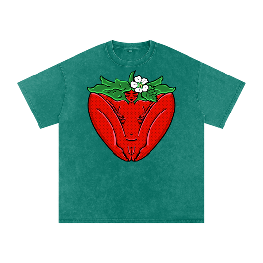 "Strawberry" acid-washed heavyweight cotton tee by ArtistNatalie, front view
