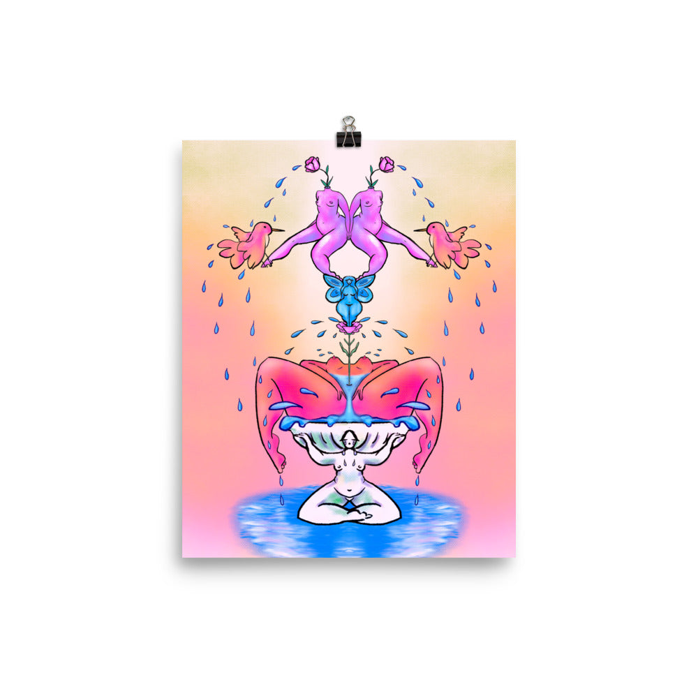 "Bird Bath" art print by ArtistNatalie, framed in a room setting