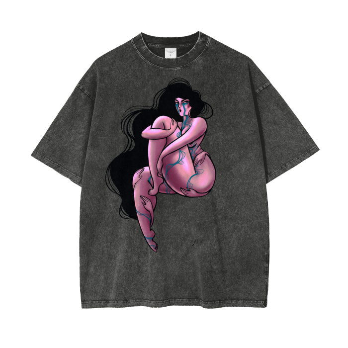 "Hold On Me" acid-washed heavyweight cotton tee by ArtistNatalie, front view