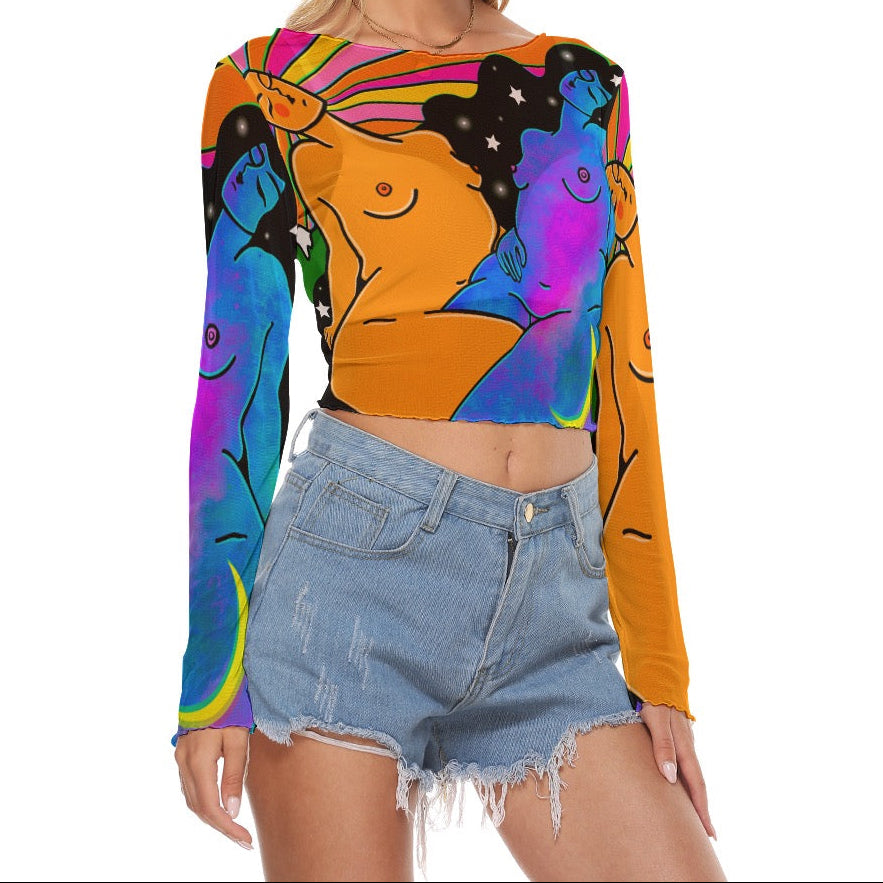 "Embody Love" mesh long sleeve crop top by ArtistNatalie, back view