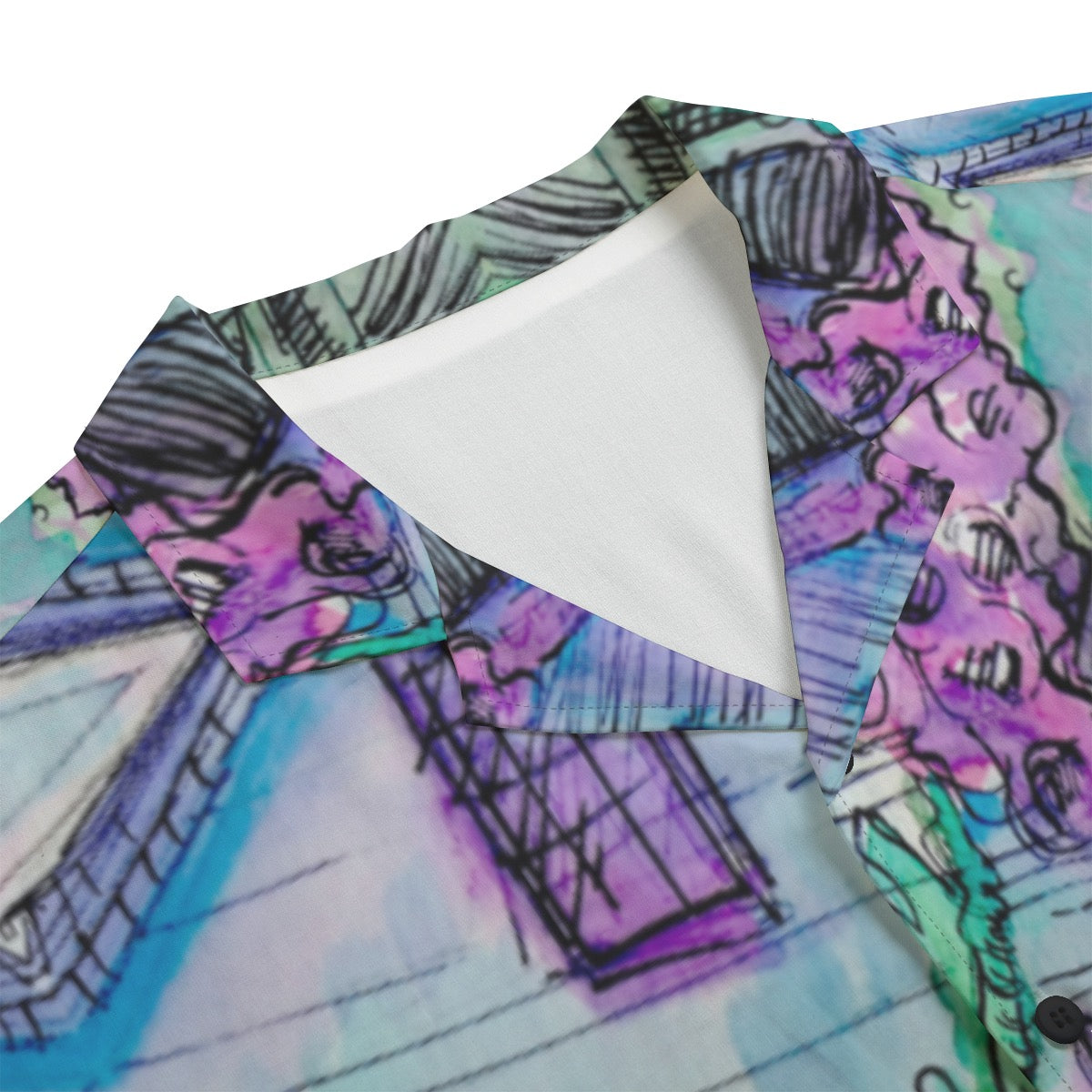 "Glowing Garden" rayon button up shirt by ArtistNatalie, detail view