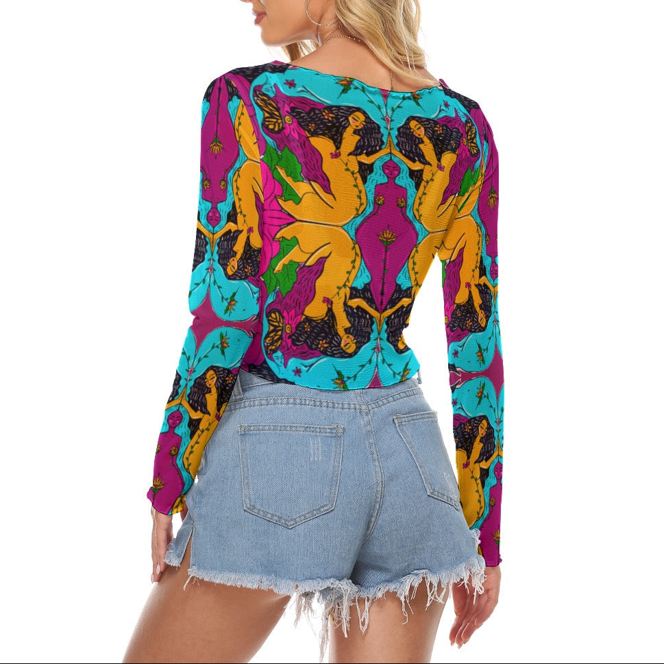 "Harmony" mesh long sleeve crop top by ArtistNatalie, detail view