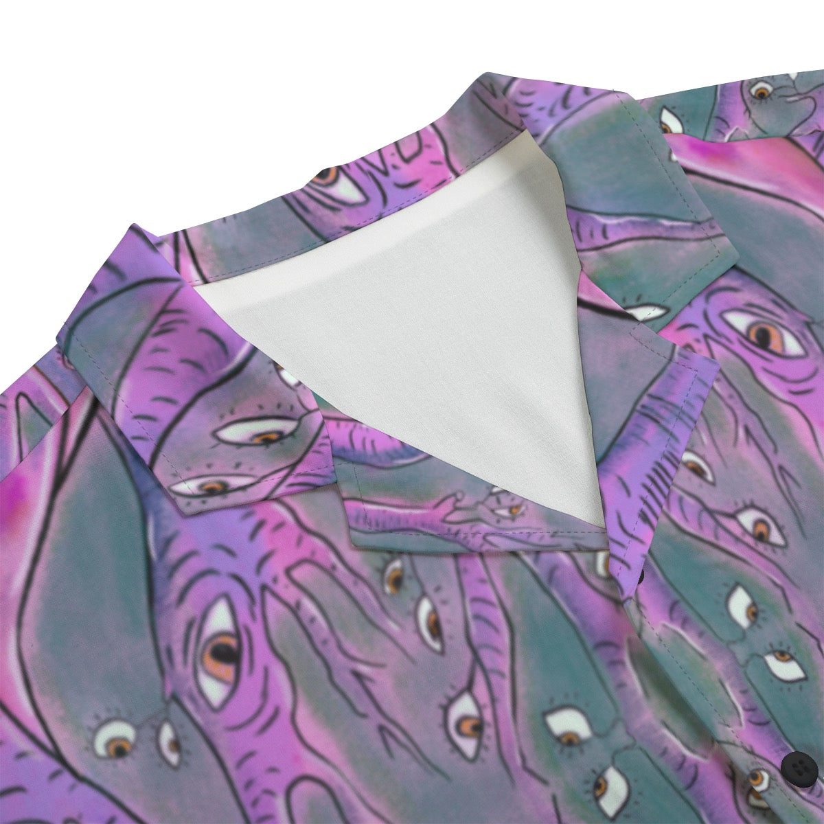 "Can You Ego Death Me Again" rayon button up shirt by ArtistNatalie, back view