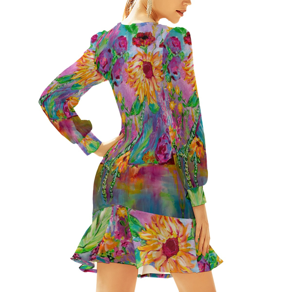 "Sunflower Daydream" ruffle mini dress by ArtistNatalie, front view