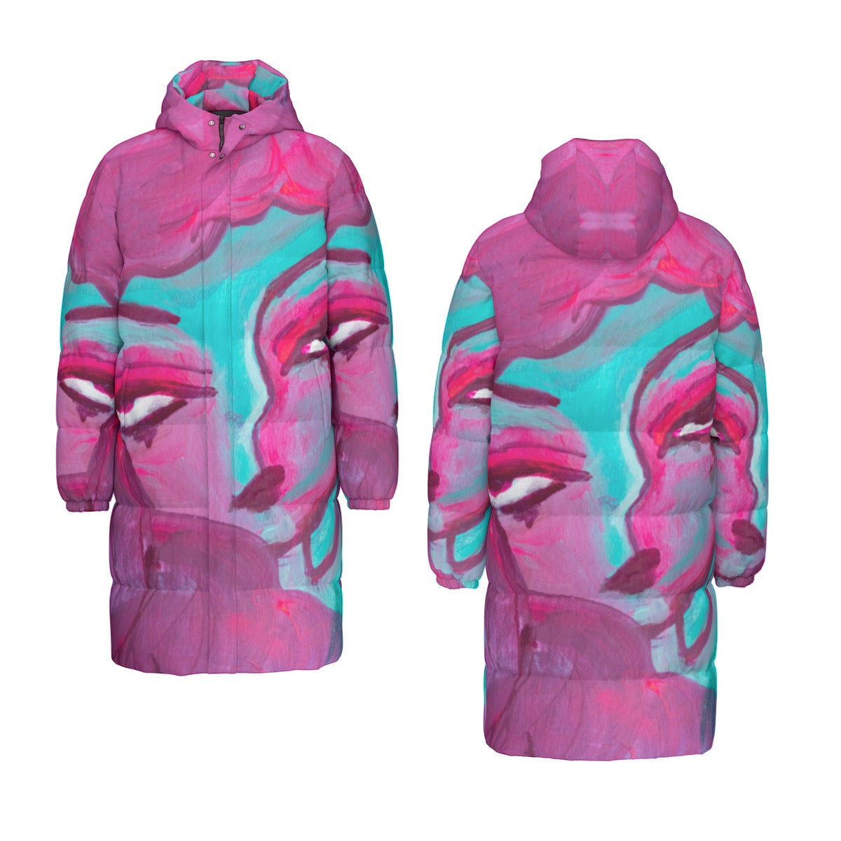 "Zoom Out" long down puffer coat by ArtistNatalie, front view