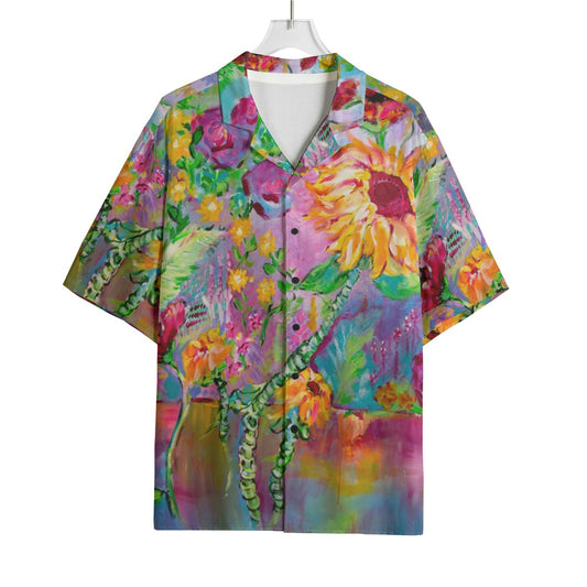 "Sunflower" rayon button up shirt by ArtistNatalie, back view