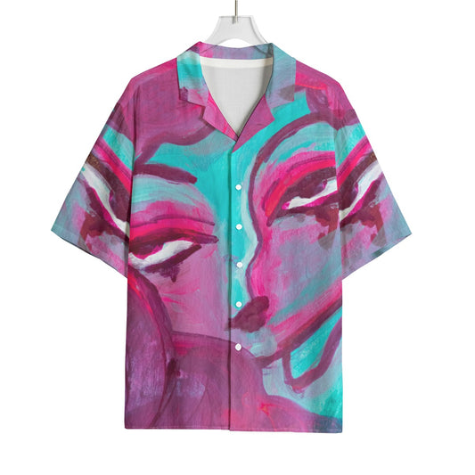 "Zoom Out" rayon button up shirt by ArtistNatalie, front view