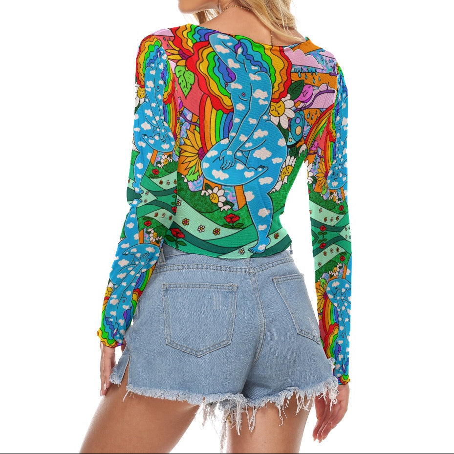 "Everything All At Once" mesh long sleeve crop top by ArtistNatalie, detail view