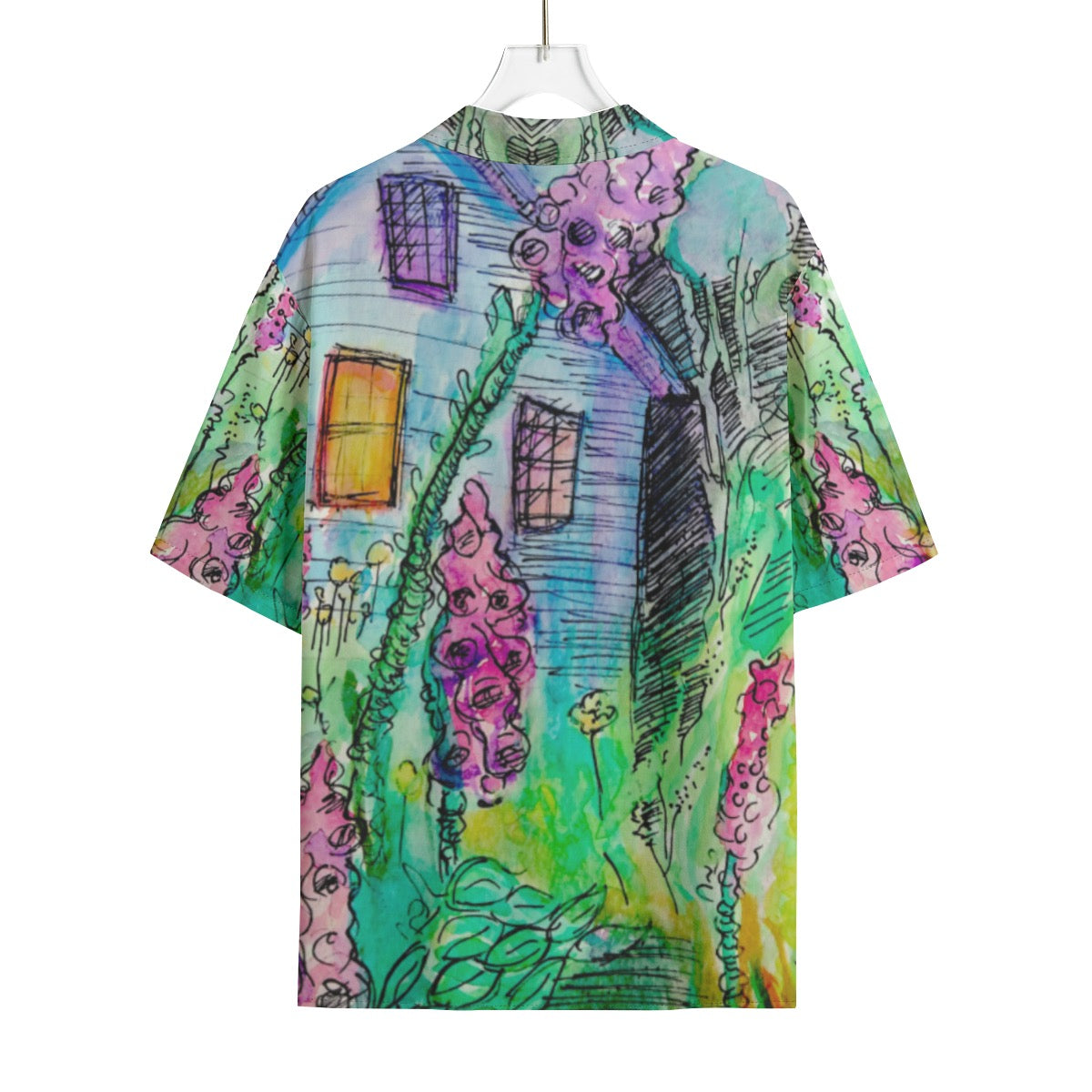"Glowing Garden" rayon button up shirt by ArtistNatalie, front view