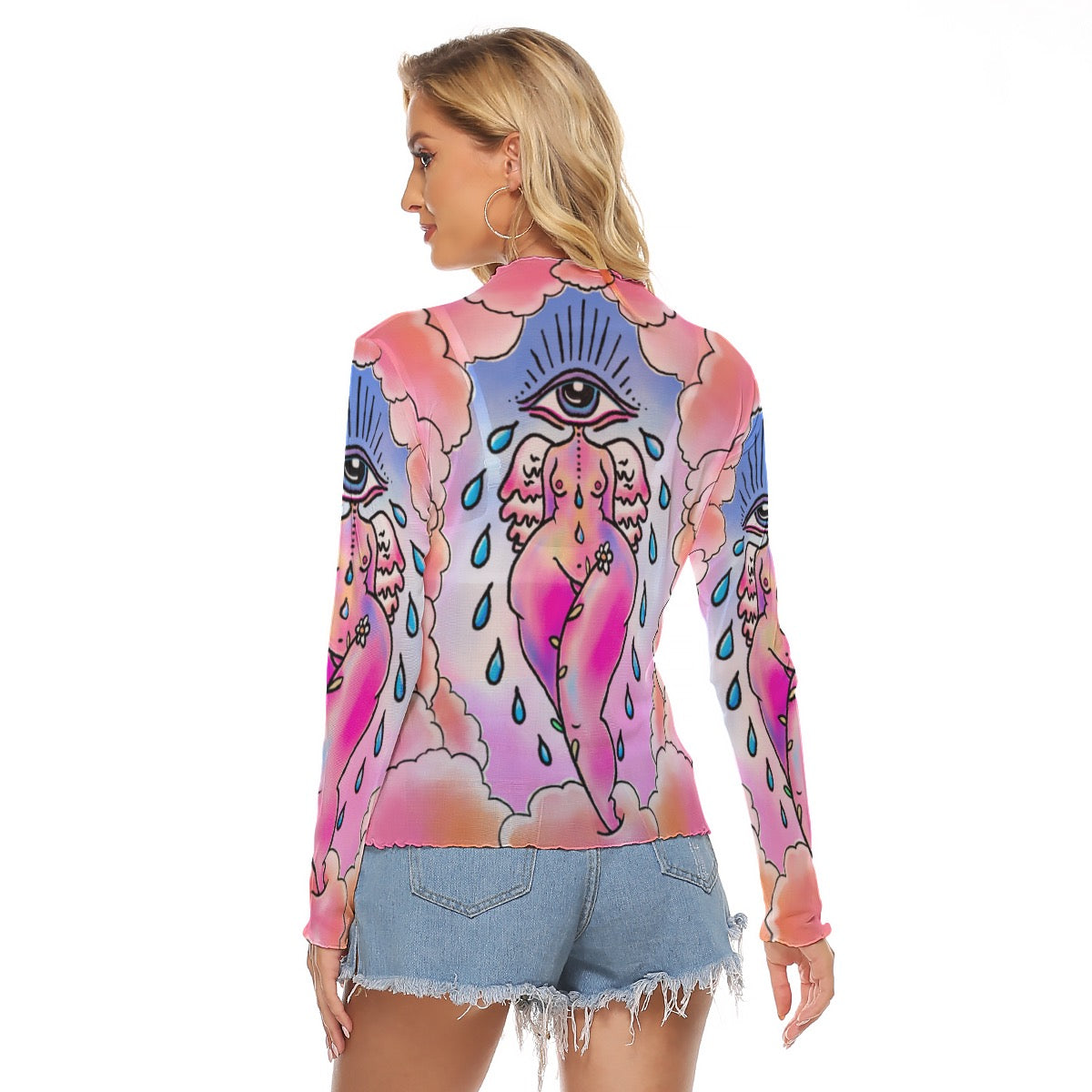 "EyeCon" mesh mockneck long sleeve top by ArtistNatalie, styled view