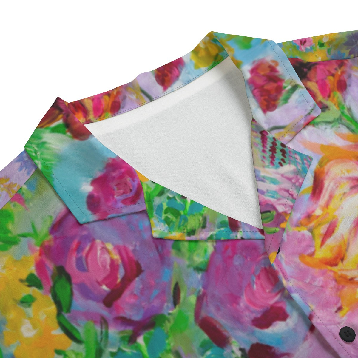 "Sunflower" rayon button up shirt by ArtistNatalie, front view