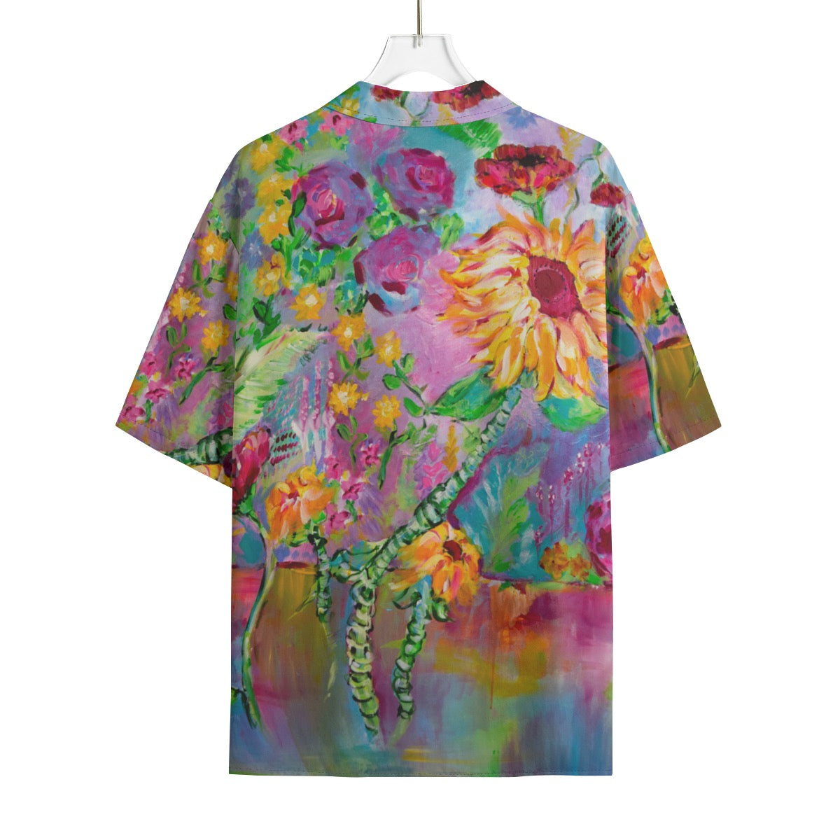"Sunflower" rayon button up shirt by ArtistNatalie, detail view