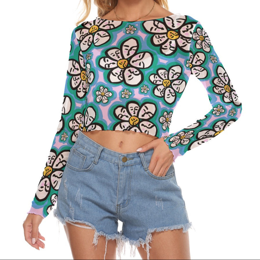 "Flower Power" mesh long sleeve crop top by ArtistNatalie, front view