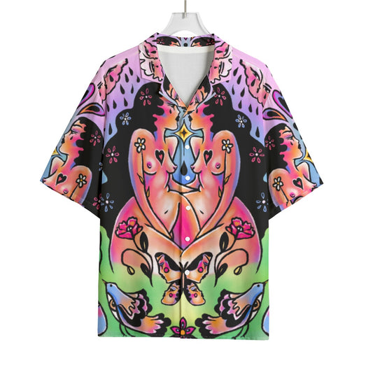 "Look Deep" rayon button up shirt by ArtistNatalie, front view