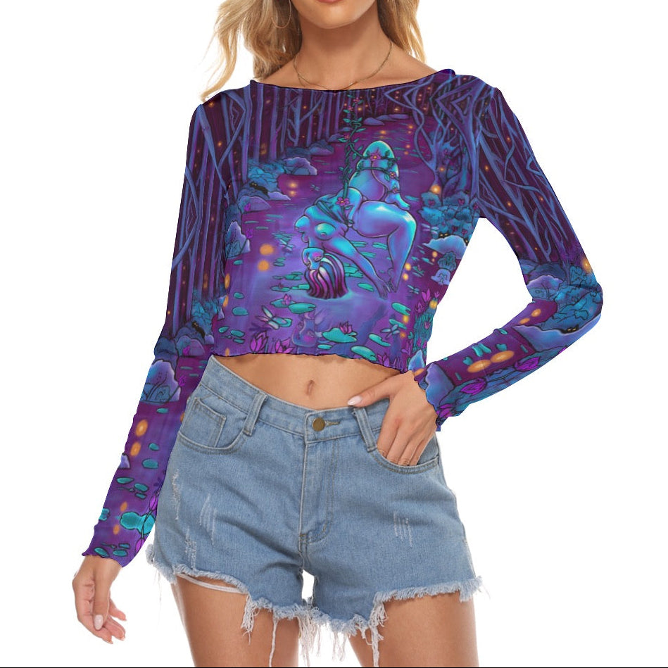 "The Softest Thing In The World" mesh long sleeve crop top by ArtistNatalie, front view