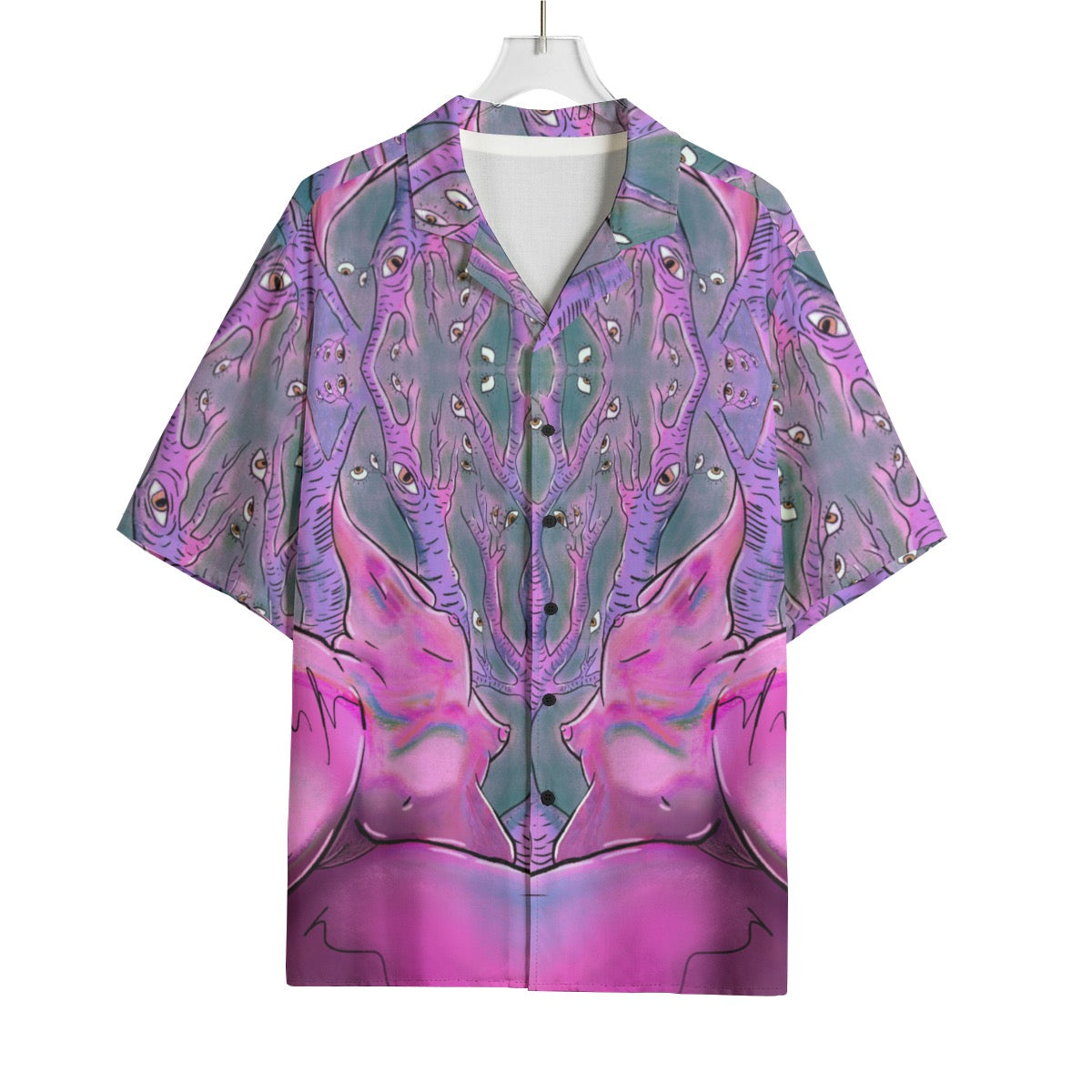 "Can You Ego Death Me Again" rayon button up shirt by ArtistNatalie, styled view