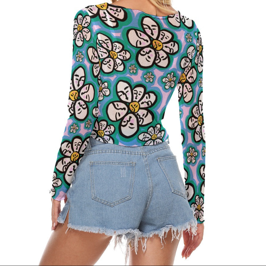 "Flower Power" mesh long sleeve crop top by ArtistNatalie, styled view