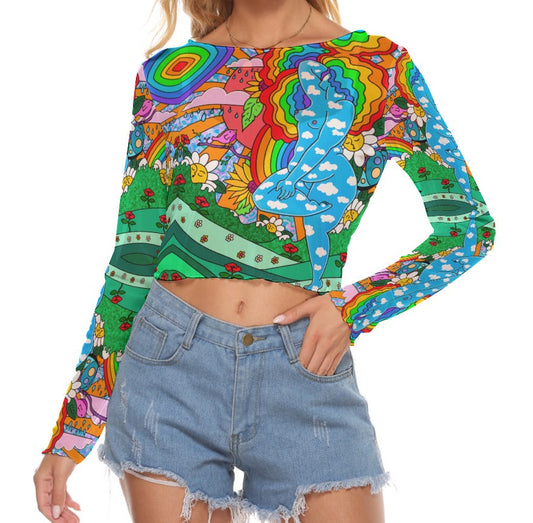 "Everything All At Once" mesh long sleeve crop top by ArtistNatalie, front view