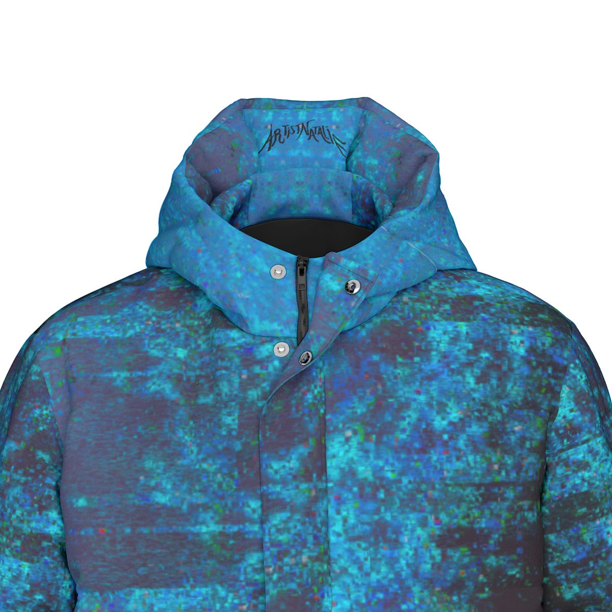 "Energy" long down puffer coat by ArtistNatalie, close-up view