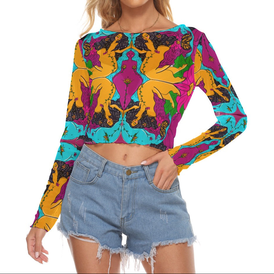 "Harmony" mesh long sleeve crop top by ArtistNatalie, front view