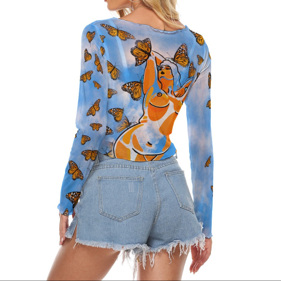 "Carried Away" mesh long sleeve crop top by ArtistNatalie, detail view
