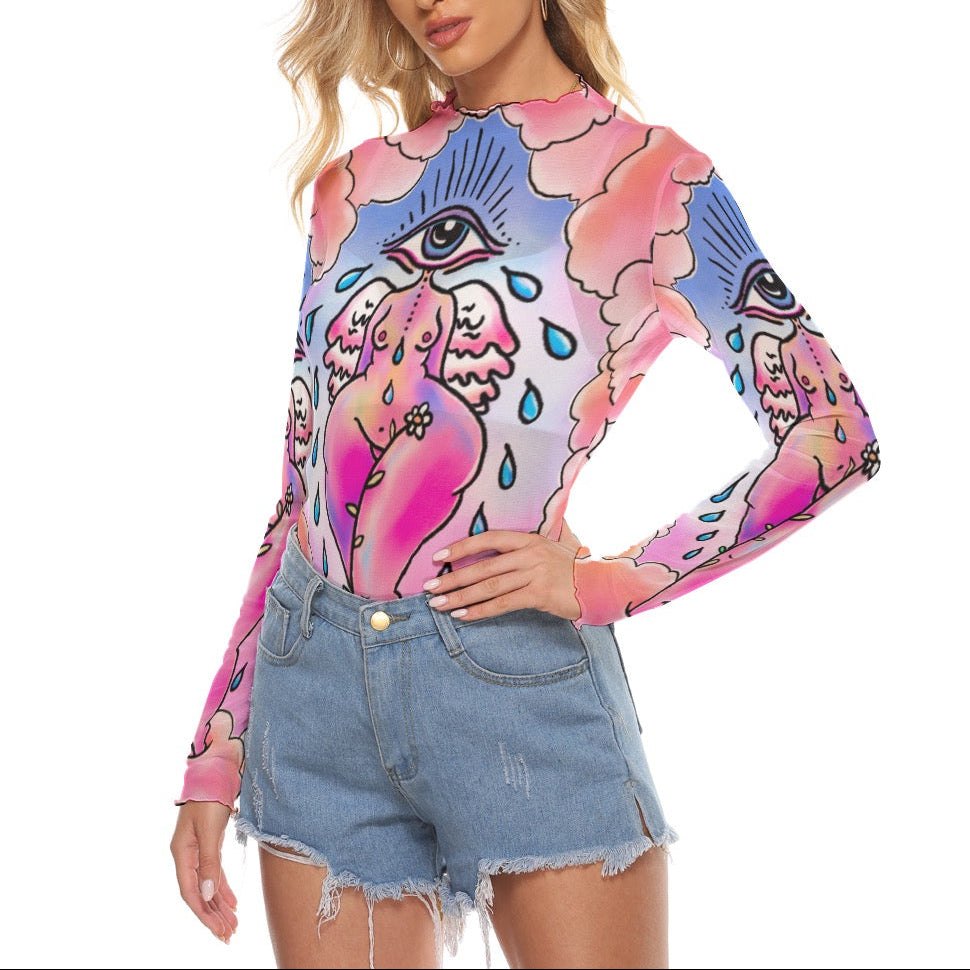 "EyeCon" mesh mockneck long sleeve top by ArtistNatalie, detail view