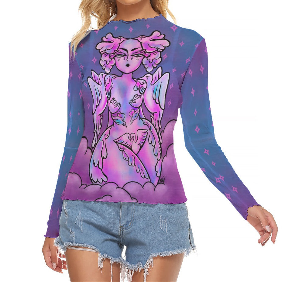 "Birds" mesh mockneck long sleeve top by ArtistNatalie, styled view