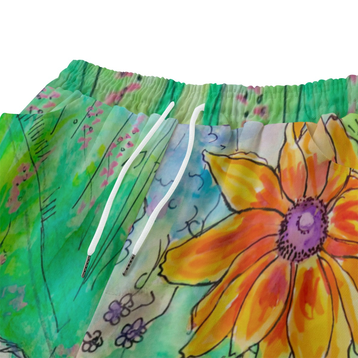 "Kitty in the Garden" cotton shorts by ArtistNatalie, detail view