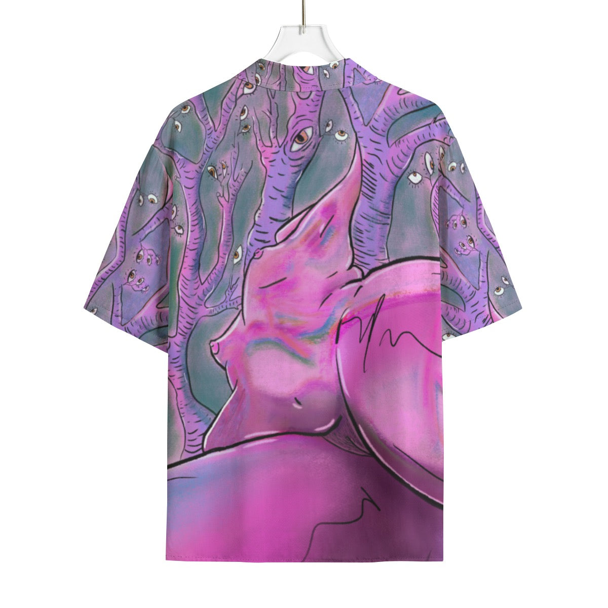 "Can You Ego Death Me Again" rayon button up shirt by ArtistNatalie, front view