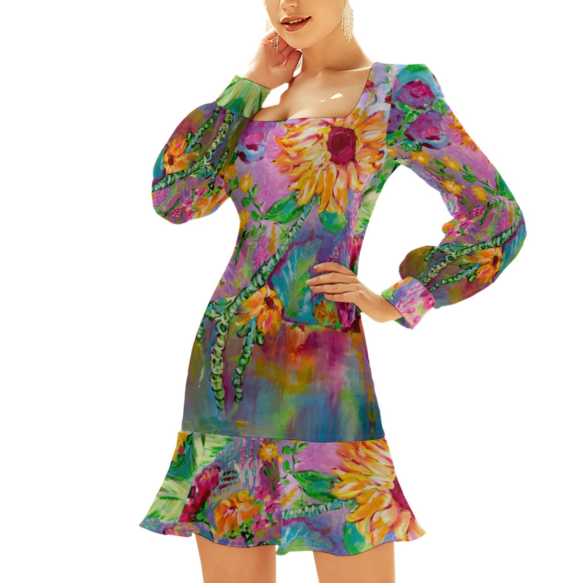 "Sunflower Daydream" ruffle mini dress by ArtistNatalie, detail view
