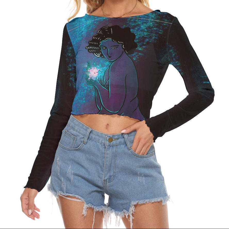 "Energy" mesh long sleeve crop top by ArtistNatalie, detail view
