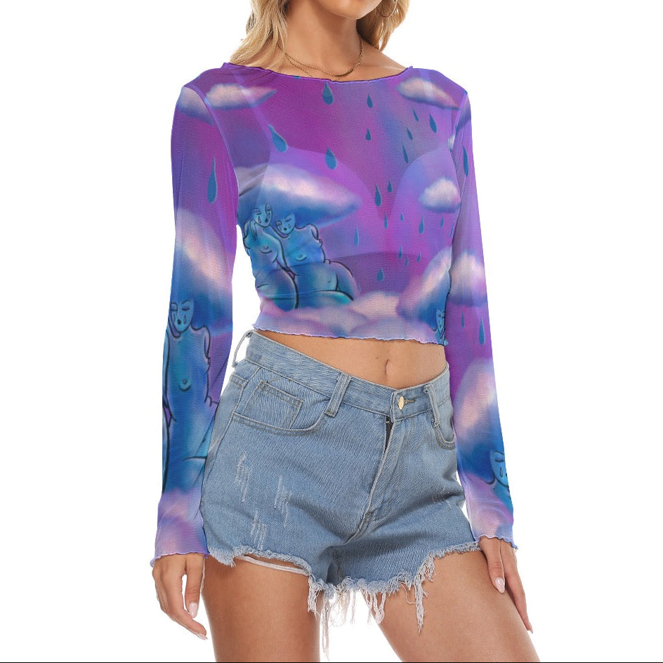 "Cloud Girls Club" mesh long sleeve crop top by ArtistNatalie, back view