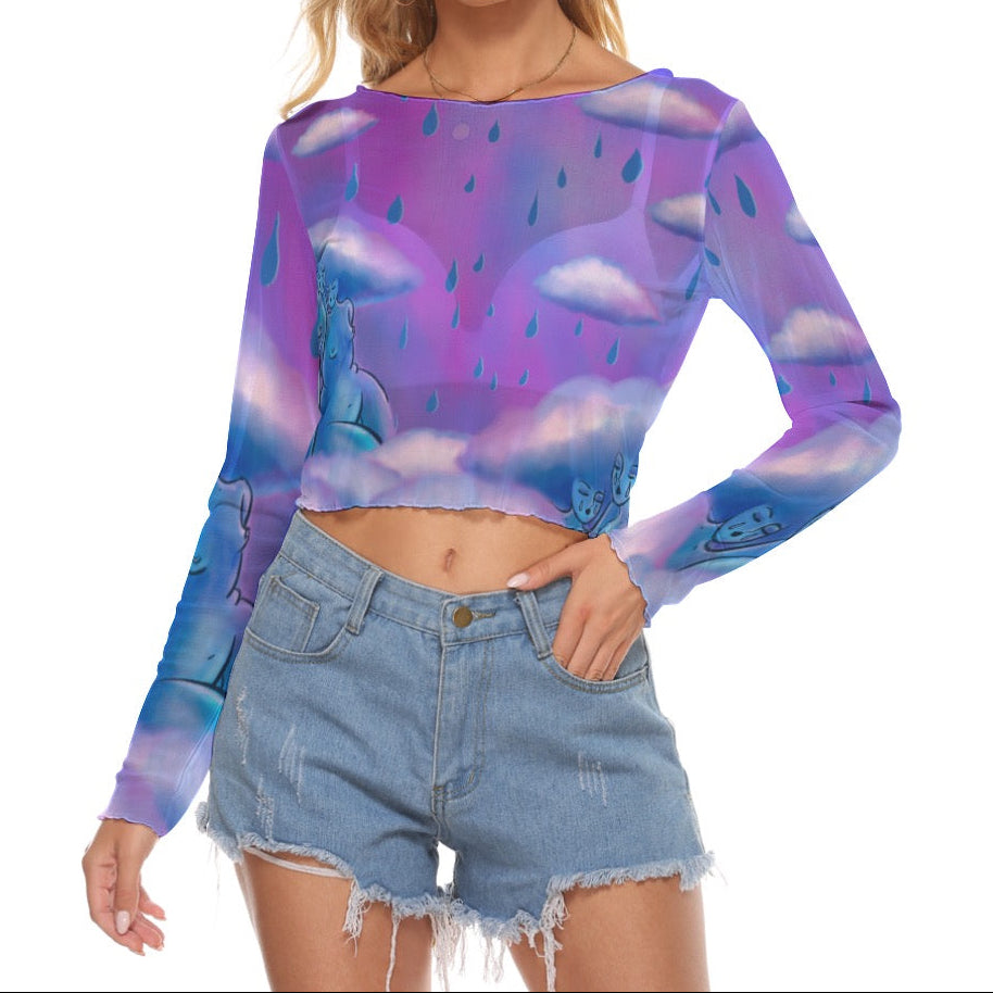 "Cloud Girls Club" mesh long sleeve crop top by ArtistNatalie, front view