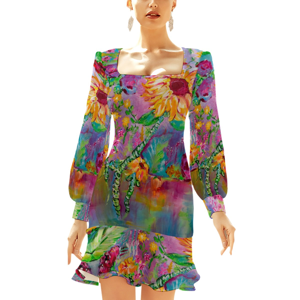 "Sunflower Daydream" ruffle mini dress by ArtistNatalie, styled view