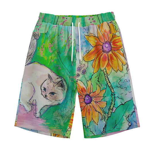 "Kitty in the Garden" cotton shorts by ArtistNatalie, front view