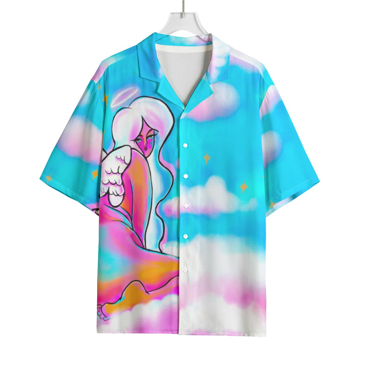 "Too Good" rayon button up shirt by ArtistNatalie, detail view