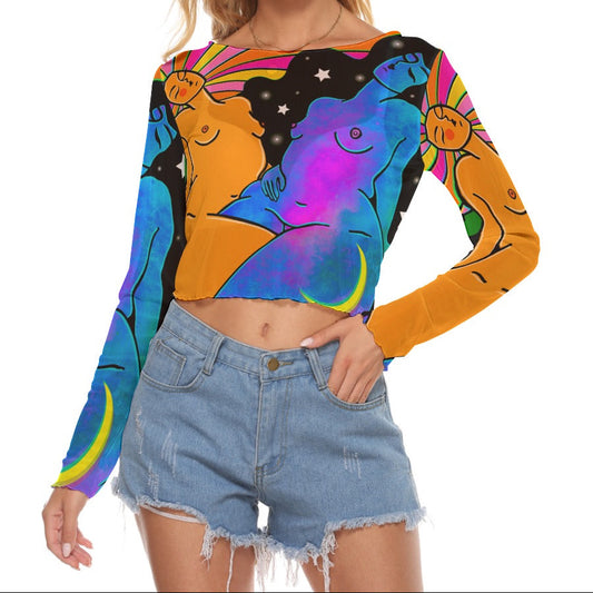 "Embody Love" mesh long sleeve crop top by ArtistNatalie, front view