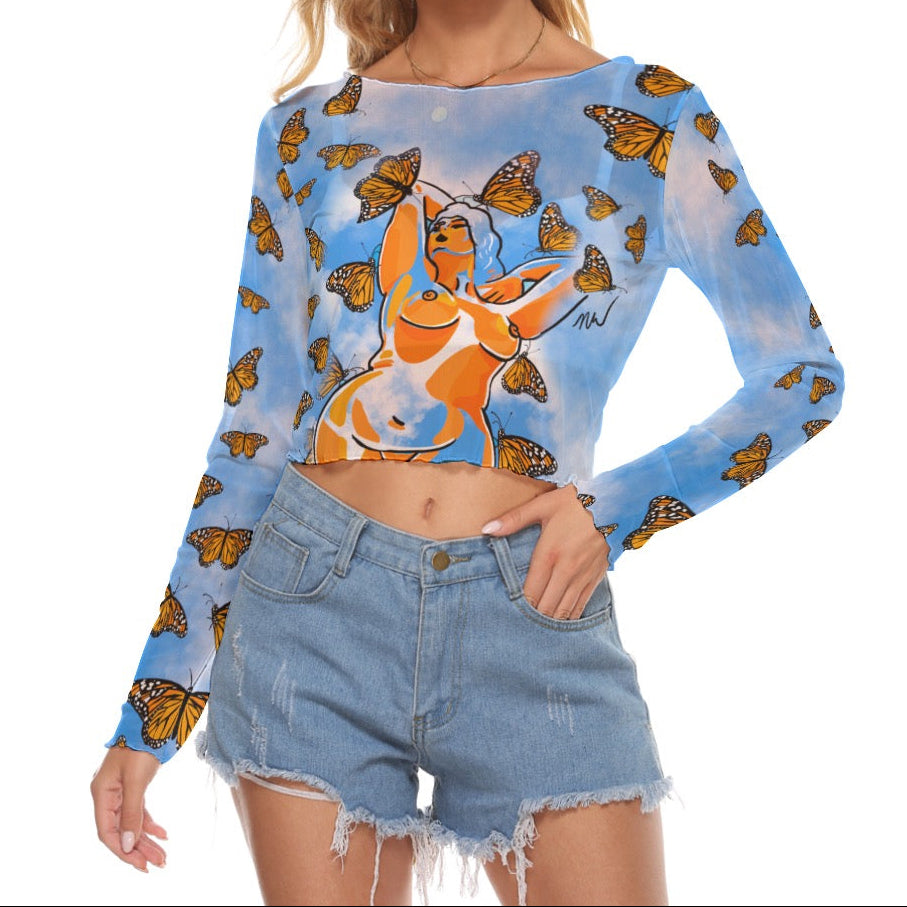 "Carried Away" mesh long sleeve crop top by ArtistNatalie, front view