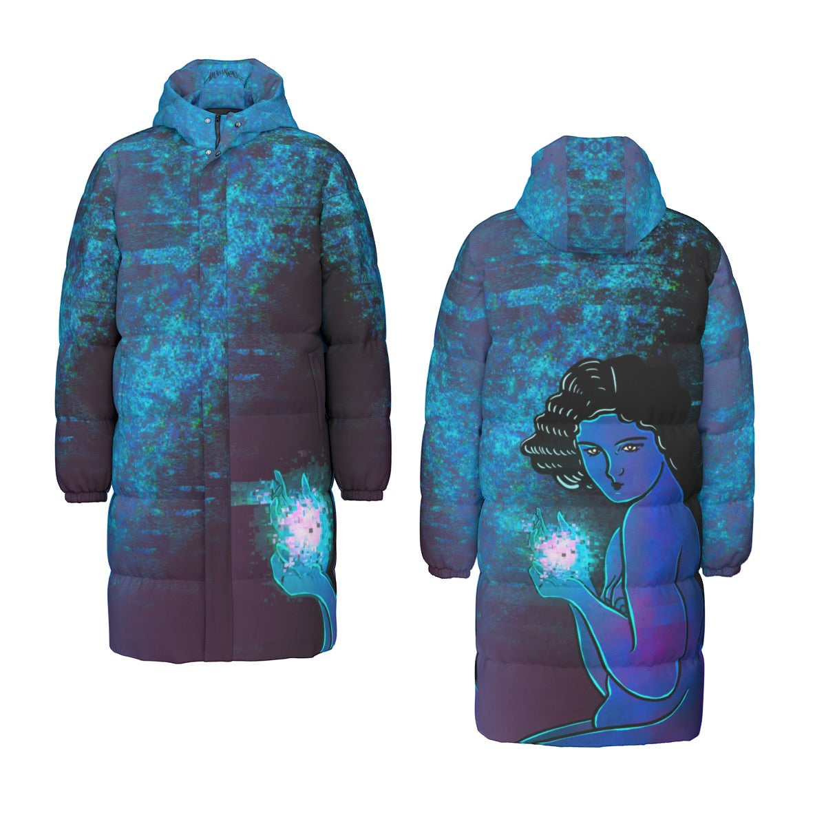 "Energy" long down puffer coat by ArtistNatalie, front view