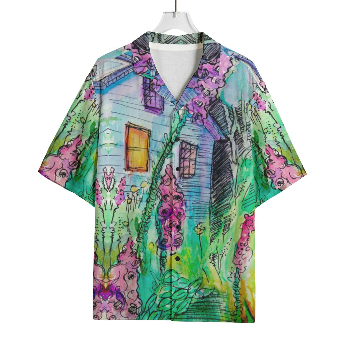 "Glowing Garden" rayon button up shirt by ArtistNatalie, back view
