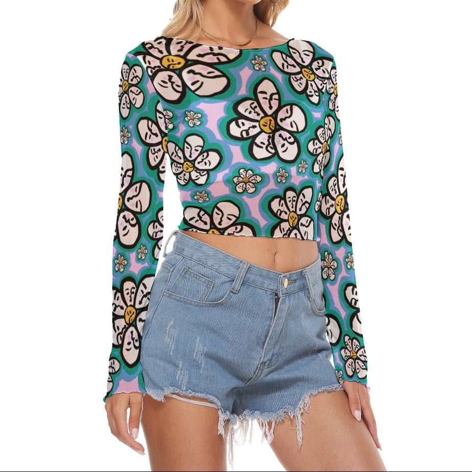 "Flower Power" mesh long sleeve crop top by ArtistNatalie, styled view