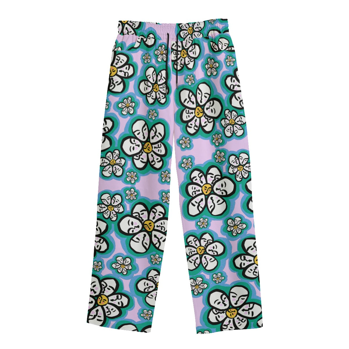 "Flower Power" cotton straight leg pants by ArtistNatalie, front view
