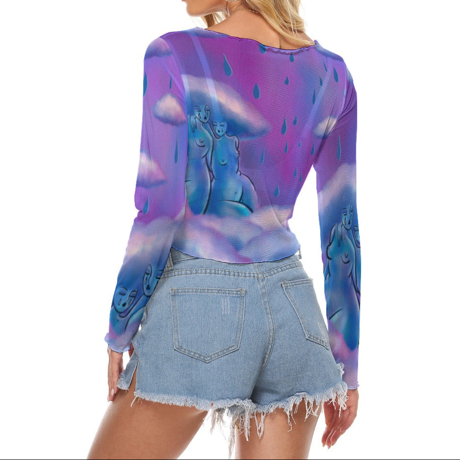 "Cloud Girls Club" mesh long sleeve crop top by ArtistNatalie, detail view