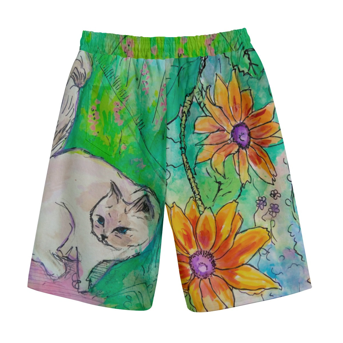 "Kitty in the Garden" cotton shorts by ArtistNatalie, back view
