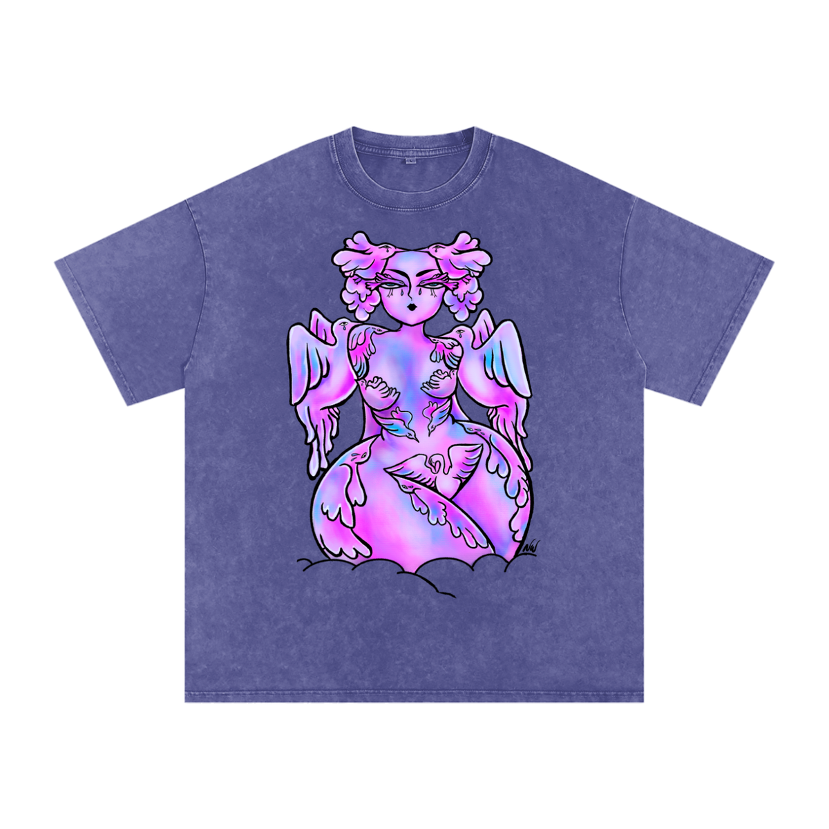 "Birds" acid-washed heavyweight cotton tee by ArtistNatalie, front view